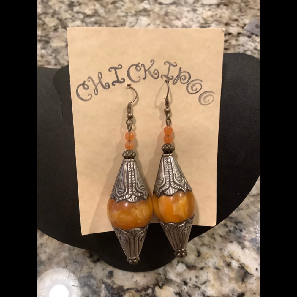 Chickipoo Tibetan Silver and Amber earrings 2 3/4”